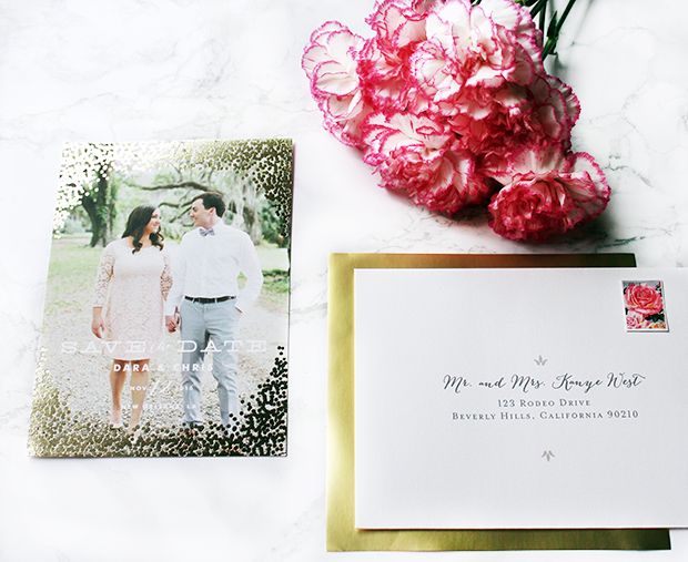 save the date gold foil pressed card